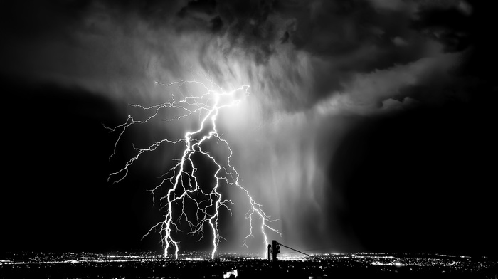 storm, monochrome, lights, photography, urban, lightning, cityscape, city