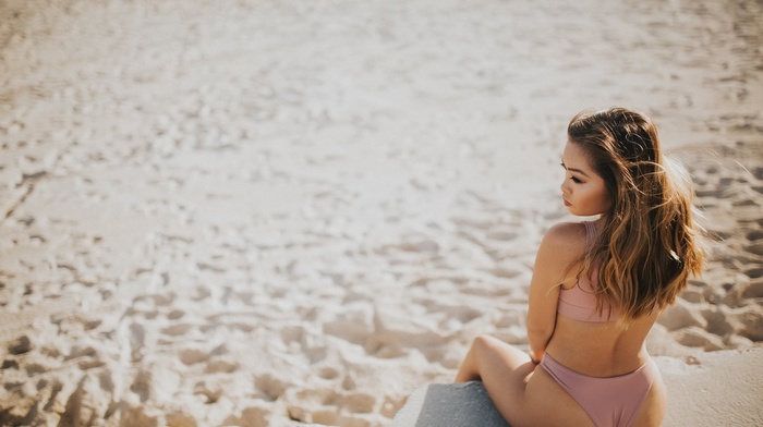 Vivian Chau, model, looking away, sand, sitting, girl, back, ass, Asian