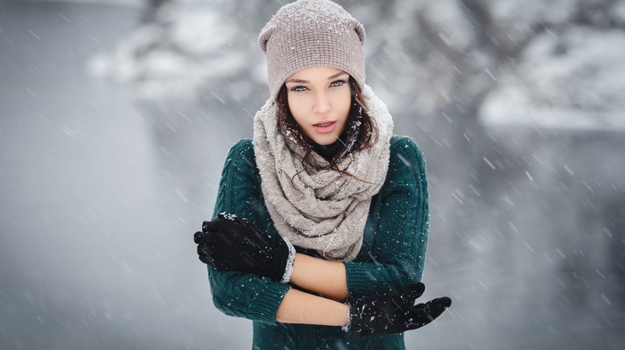 knit hat, sweater, girl outdoors, winter, scarf, Denis Petrov, model, beanie, girl, Angelina Petrova, brunette, depth of field, snow, portrait