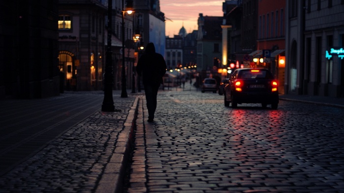 sunset, street, lights, Poznan, car, Erik Witsoe, road