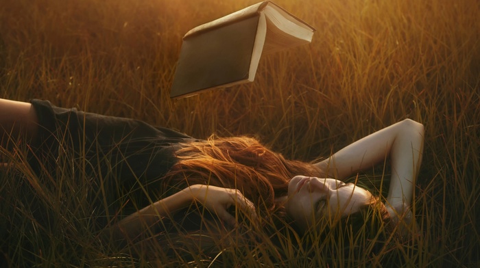 introvert, lying on back, grass, redhead, books, floating, sunlight, pale, girl outdoors