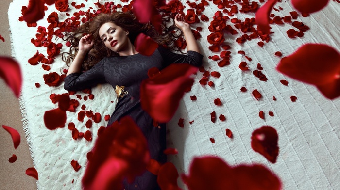 dress, closed eyes, lying on back, model, glamour, flowers, auburn hair, rose, red lipstick, petals, girl