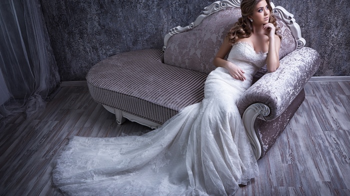 bridal gown, couch, model, dress, girl