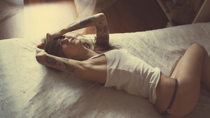 bed, tattoo, girl, model