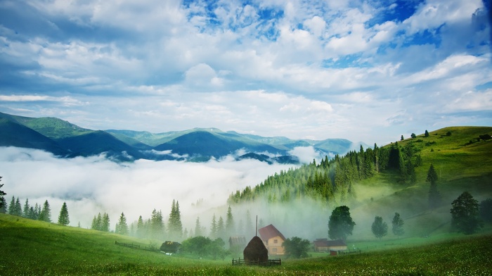 morning, landscape, mountains, mist, grass, pine trees, nature, clouds, house, haystacks, forest, field, hills, trees, valley