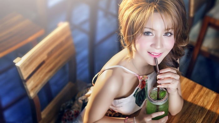 girl, drinking glass, model