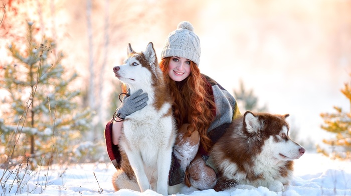 model, animals, girl, winter, dog