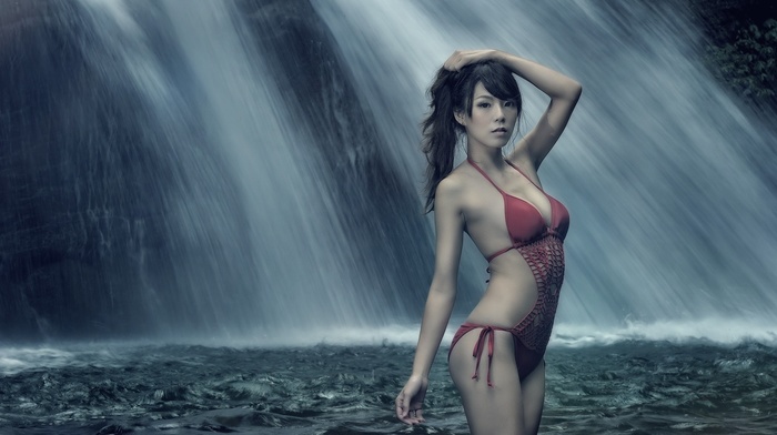 Asian, model, waterfall, girl, girl outdoors