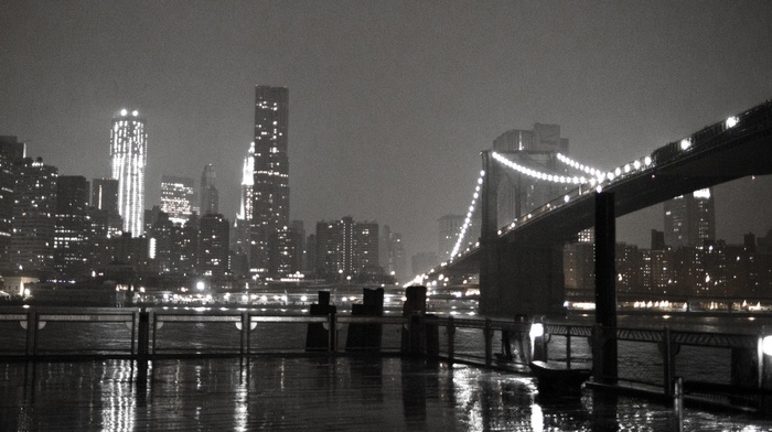 sea, bridge, night, building, water, monochrome, Brooklyn Bridge, lights, rain, reflection, urban, cityscape, architecture, New York City, photography, city