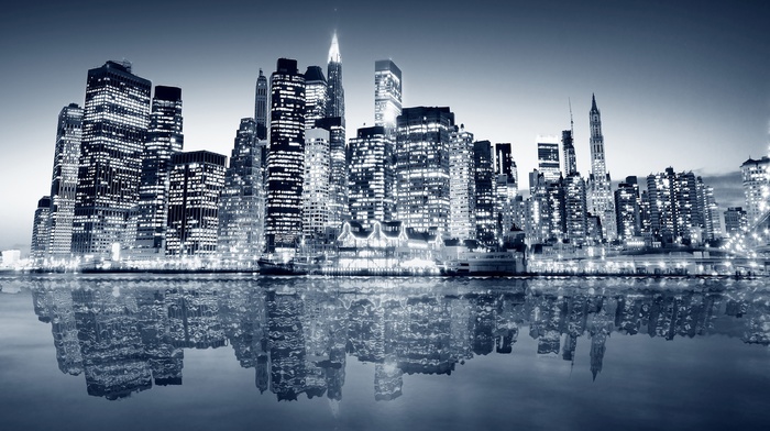photography, lights, sea, cityscape, night, reflection, urban, New York City, building, water, city