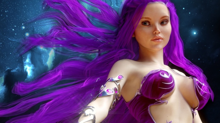 girl, boobs, purple hair, fantasy art