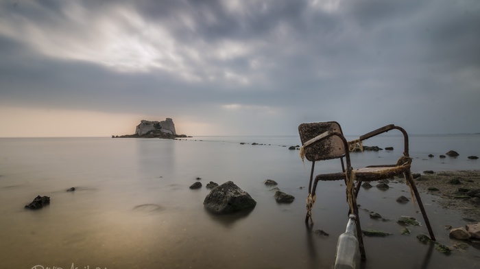 David Aguilera, sky, sea, old, chair, bottles, nature, water