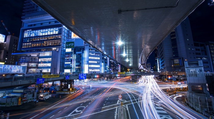 Tokyo, urban, building, night, photography, street, lights, Japan, long exposure, road