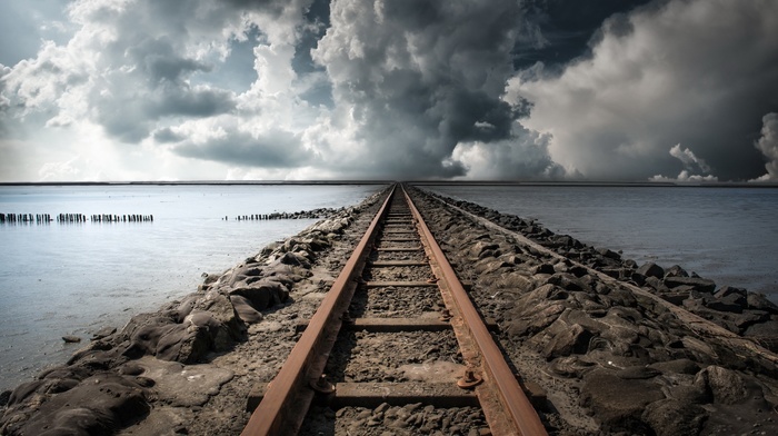 railway, clouds, sea