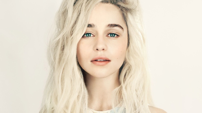 face, blue eyes, wavy hair, girl, long hair, simple background, open mouth, looking at viewer, platinum blonde, actress, Emilia Clarke