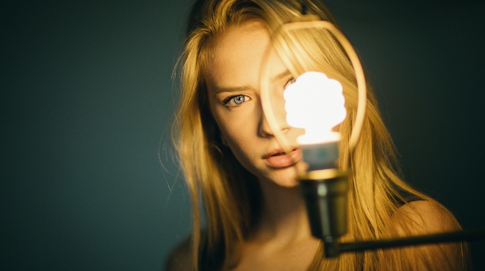 portrait, simple background, lights, girl, face, blonde, model