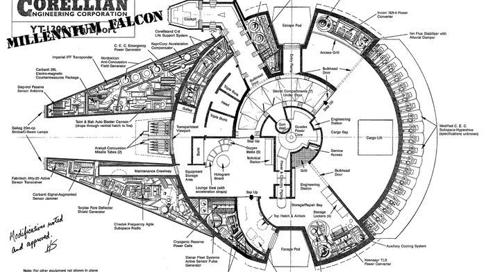 Millennium Falcon, monochrome, blueprints, Star Wars