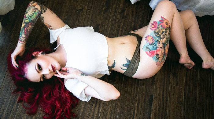 redhead, tattoo, model, on the floor, girl