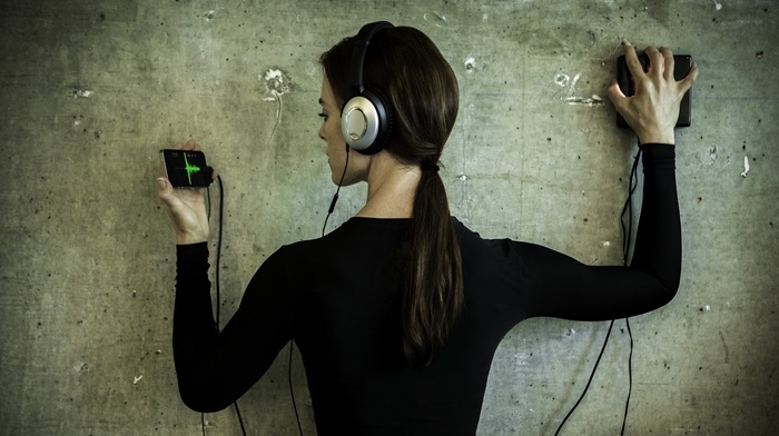 wall, headphones, technology, girl, ponytail
