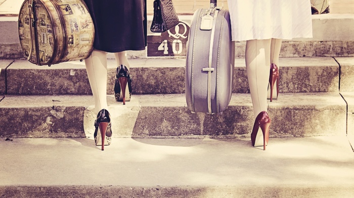 high heels, girl, suitcase