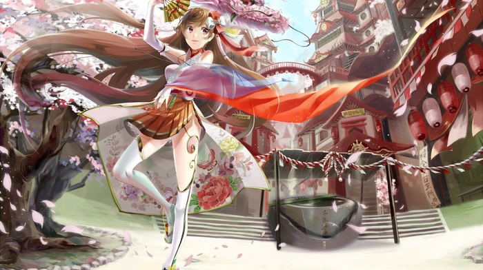 Asian architecture, dragon, skirt, cherry blossom, anime girls, original characters, anime
