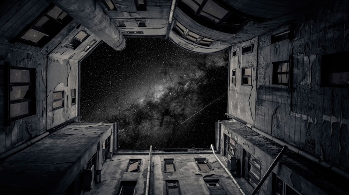 monochrome, vignette, window, Milky Way, city, architecture, night, old building, building, abandoned, stars, worms eye view
