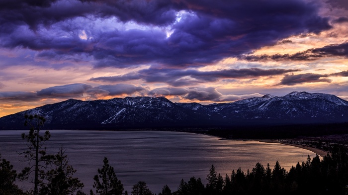 forest, sea, mountains, clouds, sky, trees