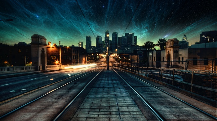 space, city, evening, stars, photo manipulation, nebula, street light