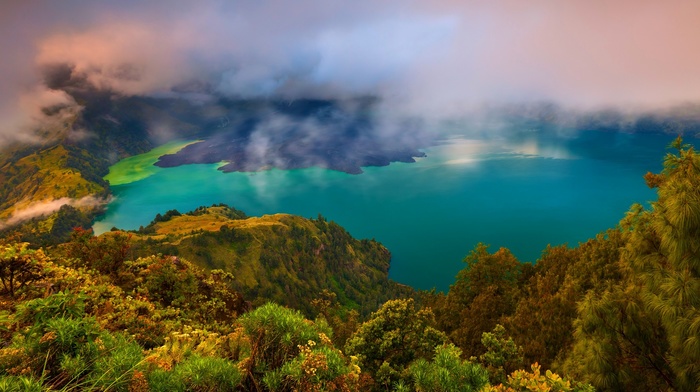 mountains, turquoise, lake, clouds, nature, landscape, Indonesia, forest, water