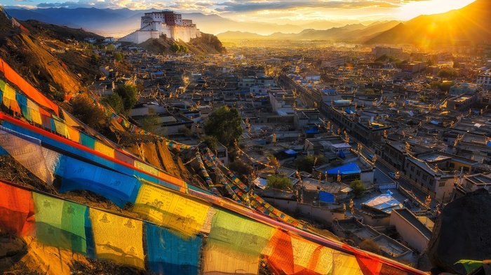 temple, Lhasa, cityscape, landscape, mountains, nature, flag, buddhism, clouds, sunset, Tibet, monastery
