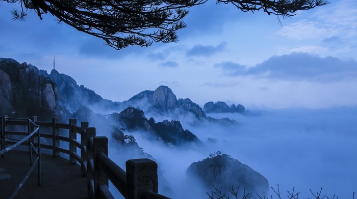 nature, mountains, mist, morning, walkway, blue, landscape, China, trees