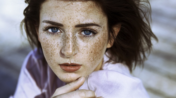 freckles, girl, face, blue eyes, portrait, model