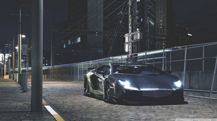 Lamborghini Aventador, lights, night, road, gray, city, Lamborghini