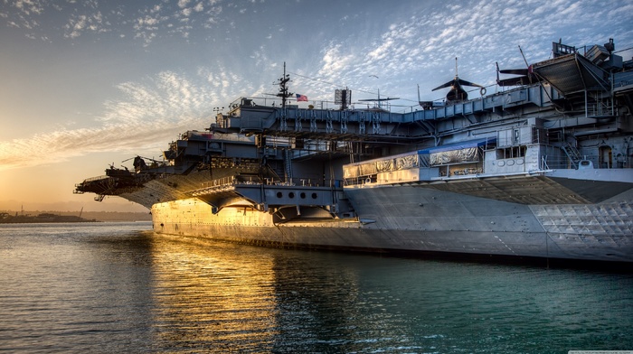 sunset, ship, sea, aircraft carrier, military base, military aircraft, water, aircraft, USS Midway