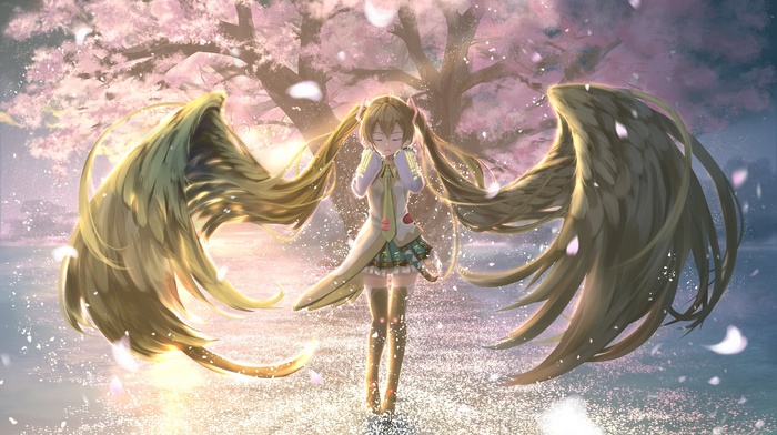 skirt, anime girls, thigh, highs, Vocaloid, wings, cherry blossom, closed eyes, Hatsune Miku, twintails