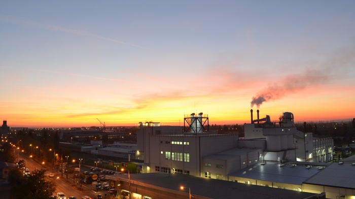 sunset, city, factory, sky