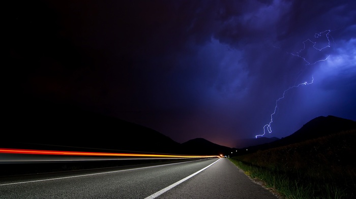 lightning, road, night, photography, nature, long exposure, landscape, storm