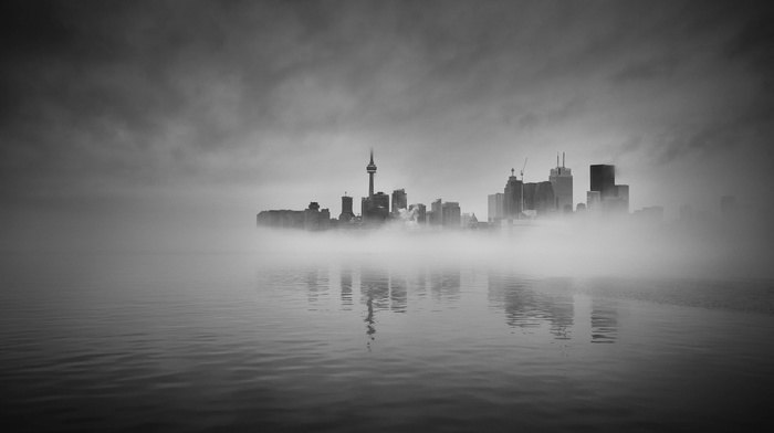 mist, water, Toronto, reflection, city, cityscape, photography, monochrome