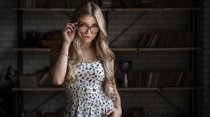 dress, blonde, model, girl with glasses, portrait, girl