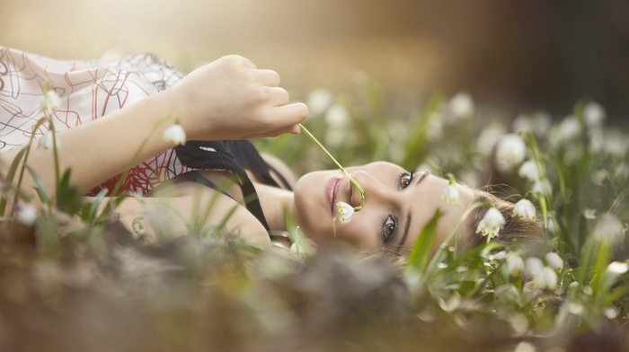 model, girl, girl outdoors, flowers, field