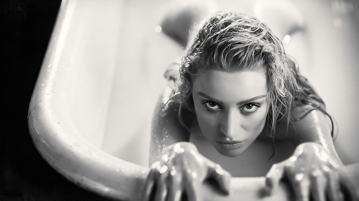 monochrome, nude, looking at viewer, model, girl, Xhoana Xheneti, bathtub