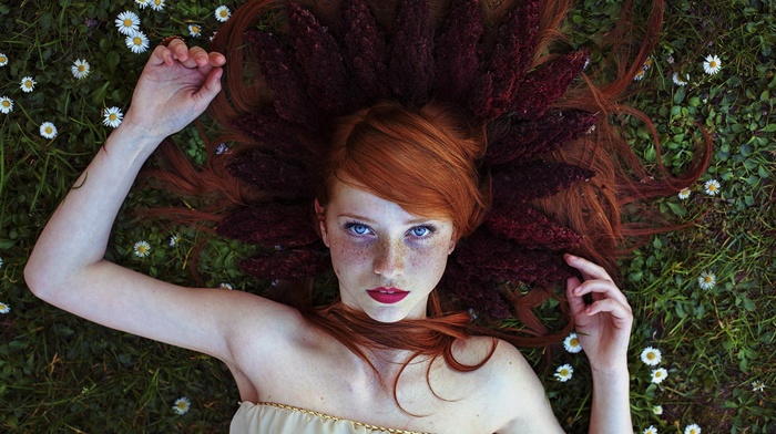 face, flowers, Asima Sefic, girl, model, redhead