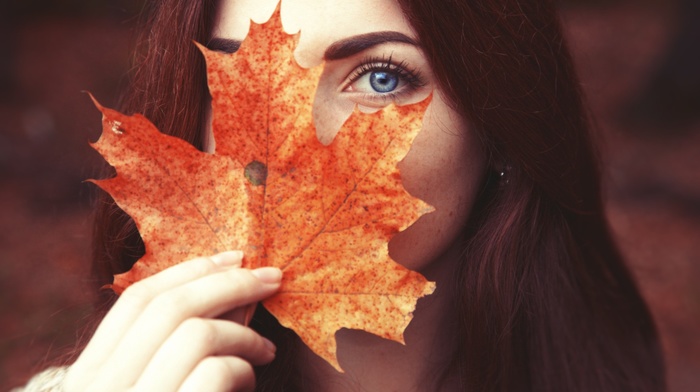 face, blue eyes, leaves, girl, portrait, looking at viewer, freckles