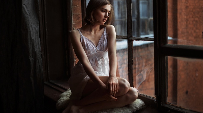 brunette, Evgeniy Reshetov, white clothing, girl, window