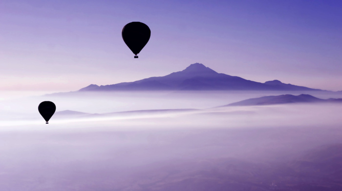 balloon, mist, mountains, landscape, photography