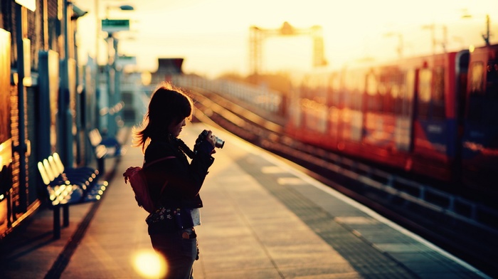 photographer, girl, railway station, photography, train, depth of field, sunset, railway