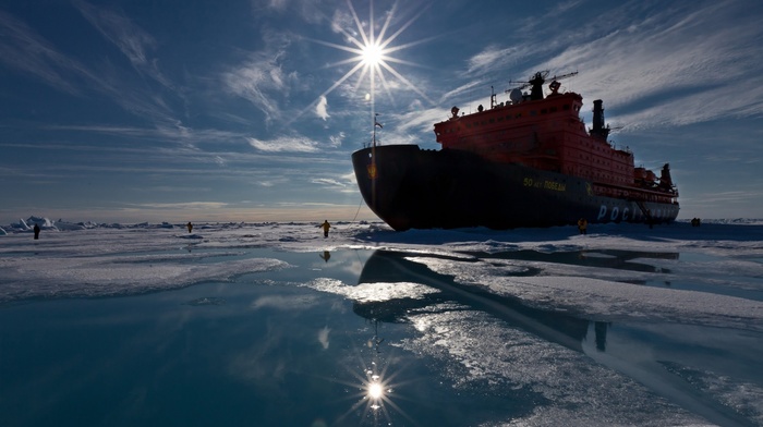 water, ship, ice breaker, Russian icebreaking fleet, ice, Sun, photography