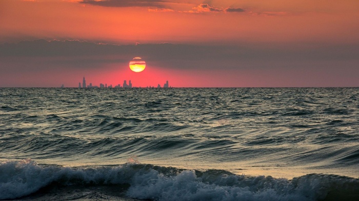 water, cityscape, waves, sunset, photography
