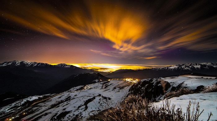 snow, night, long exposure, stars, evening, winter, Chile, clouds, lights, landscape, city, nature, mountains