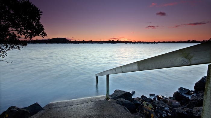 rock stairs, Bucklands Beach, coast, landscape, boat, stairs, dusk, photography, water
